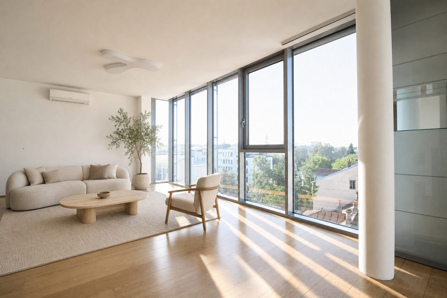 Voll verglastes Penthouse mit Abendlicht in der Mozartstraße in Linz